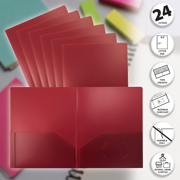 2 Pocket Heavyweight Plastic Folder Portfolio, Letter Size, Burgundy Red, 24PK